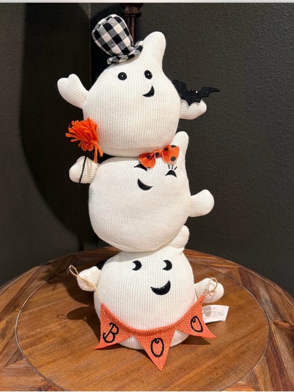 Stacked White Ghost Halloween Plush Trio with Orange Accents